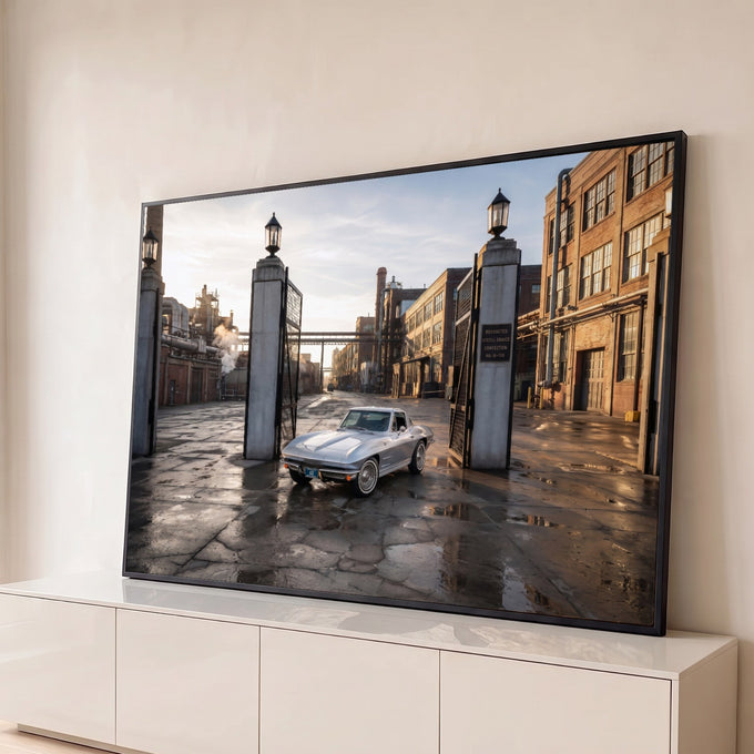 Corvette prata clássico no portão de fábrica de tijolos, piso molhado e luz do entardecer, quadro decorativo