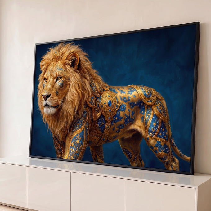 Leão majestoso com armadura dourada ornamentada e pedras azuis sobre fundo azul profundo, quadro decorativo