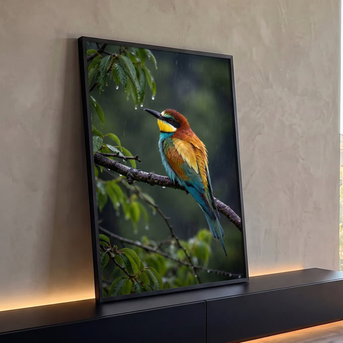 Pássaro abelharuco colorido pousado em galho sob chuva, com folhas verdes ao fundo, quadro decorativo