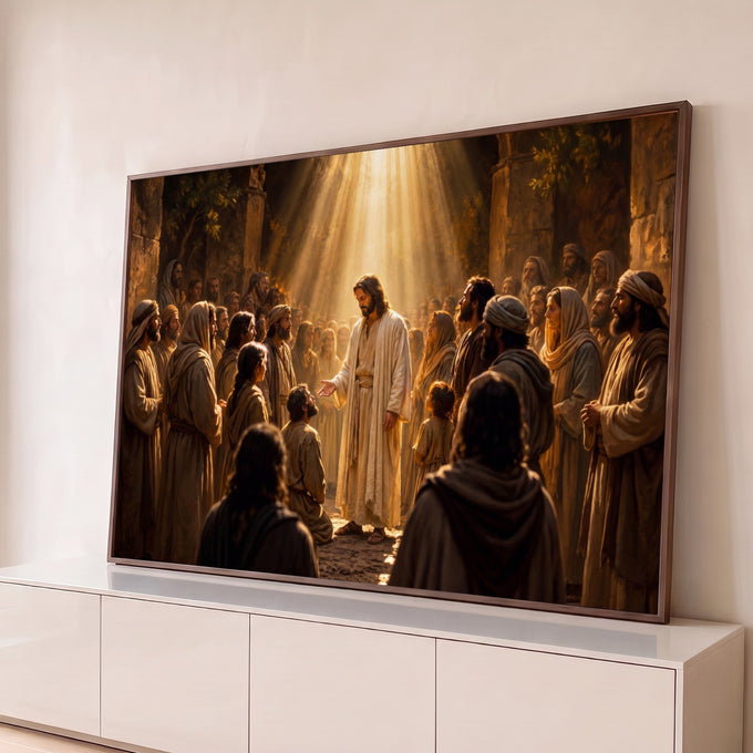 Jesus Cristo de túnica branca entre a multidão sob feixe de luz dourada, quadro decorativo