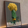 Figura surreal com cabeça de nuvem amarela, casaco verde xadrez e bicicleta verde, quadro decorativo