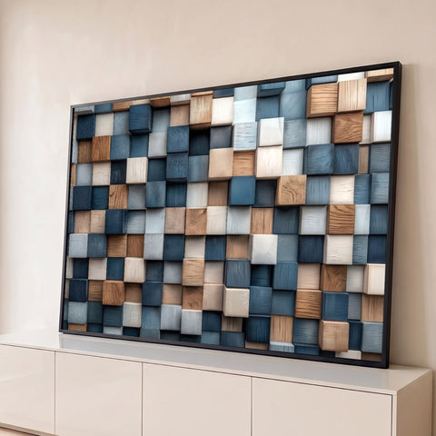 Cubos de madeira em relevo 3D nos tons azul-marinho, bege e branco em padrão geométrico, quadro decorativo