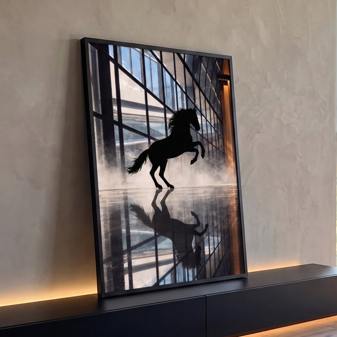 Silhueta preta de cavalo empinado com reflexo em piso espelhado de prédio de vidro e névoa, quadro decorativo