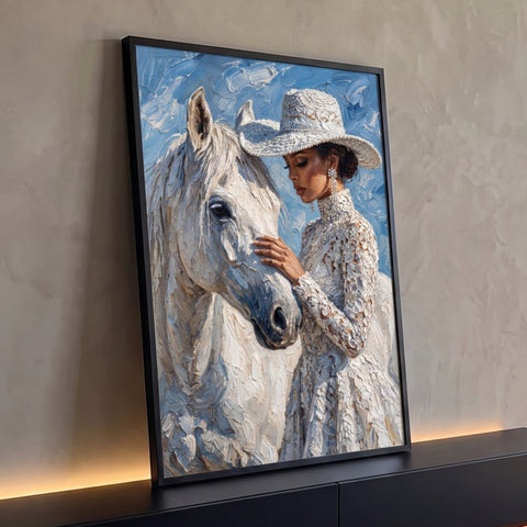 Mulher de chapéu e vestido de renda acariciando cavalo branco em pintura empastada, quadro decorativo