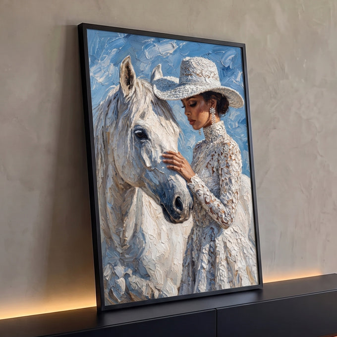 Mulher de chapéu e vestido de renda acariciando cavalo branco em pintura empastada, quadro decorativo