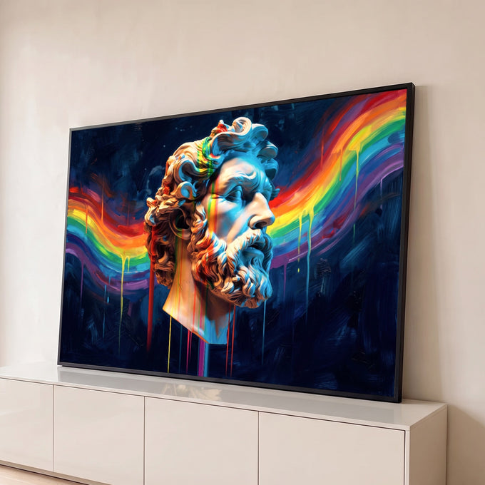 Busto grego de Zeus com tinta arco-íris escorrendo sobre fundo azul-marinho pincelado, quadro decorativo
