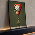 Figura surreal com cabeça de coração floral vermelho, relógio, olhos verdes e fundo verde, quadro decorativo