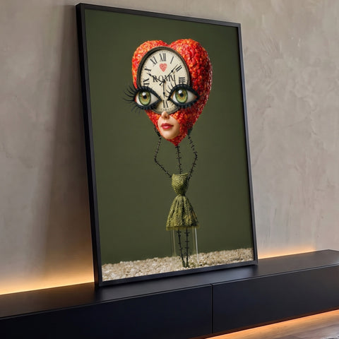 Figura surreal com cabeça de coração floral vermelho, relógio, olhos verdes e fundo verde, quadro decorativo