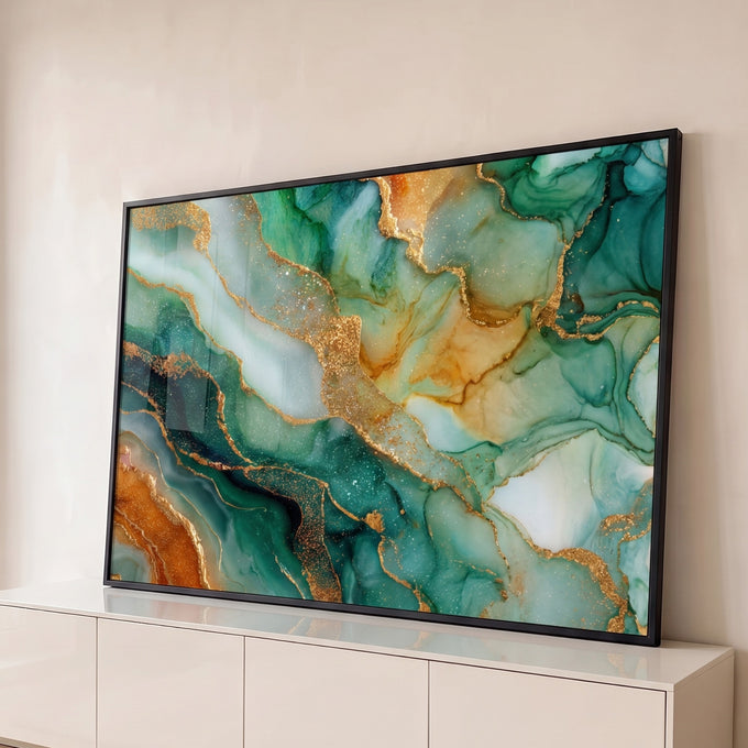 Quadro Decorativo Grande Mármore Líquido para Sala Verde | quadros decorativos para sala | abstrato fluido verde e âmbar com veios dourados brilhantes tipo mármore | Porao dos Quadros