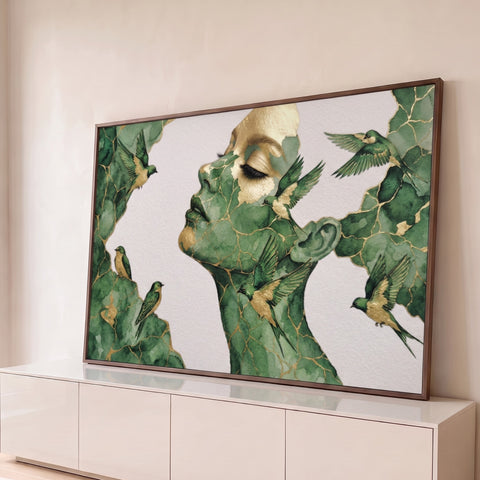 Perfil feminino de olhos fechados em aquarela verde com veios dourados e pássaros voando, quadro decorativo