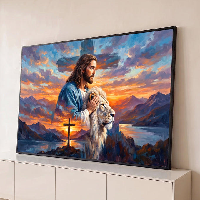 Quadro Decorativo Grande Jesus o Leão para Sala Laranja | quadros decorativos para sala | Jesus com a mão sobre um leão branco diante de pôr do sol em montanhas | Porao dos Quadros