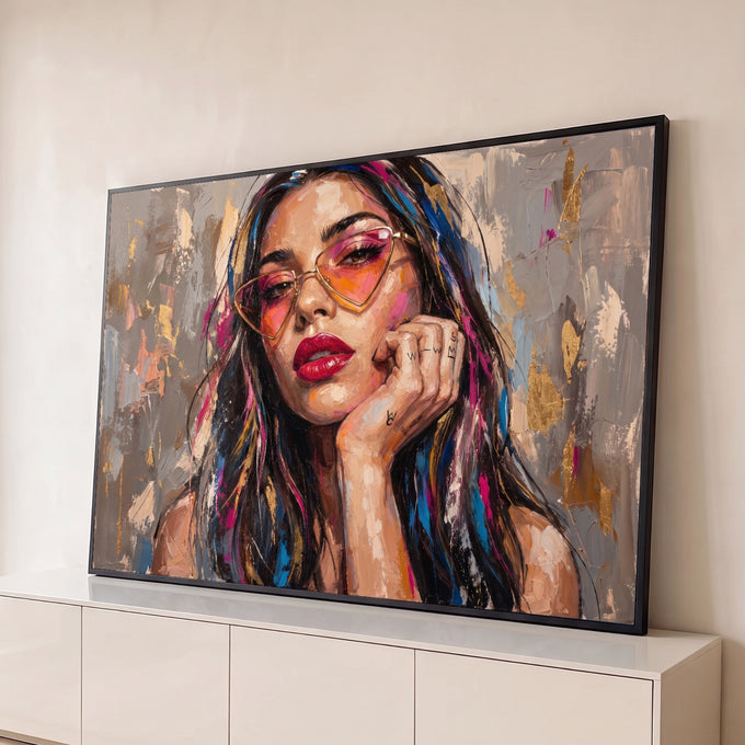 Retrato de mulher com óculos de coração, batom vermelho e mão no rosto em pintura a óleo, quadro decorativo