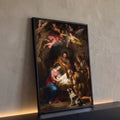 Quadro Decorativo Grande Natividade Sagrada para Sala Marrom | quadros decorativos para sala | natividade barroca com Maria, José, anjos, pastores e cão ao redor do menino Jesus | Porao dos Quadros
