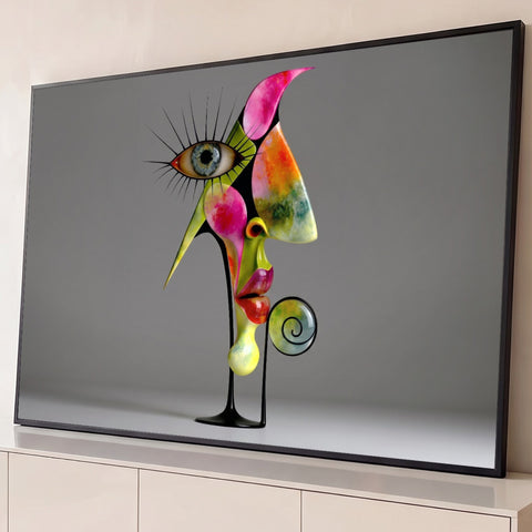 Rosto surreal com olho de cílios longos, lábios vermelhos e espiral em fundo cinza, quadro decorativo