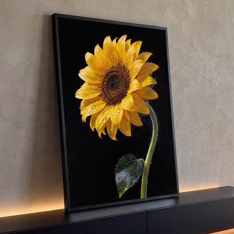 Girassol amarelo realista com gotas de orvalho, caule e folha verde sobre fundo preto, quadro decorativo