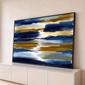 Quadro Decorativo Grande Abstrato e Dourado para Sala Azul | quadros decorativos para sala | faixas abstratas em azul marinho e dourado com linha preta sinuosa central | Porao dos Quadros