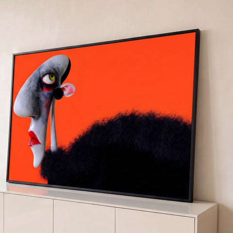 Rosto surreal de perfil com lábios vermelhos, olho verde e pelo preto em fundo laranja, quadro decorativo