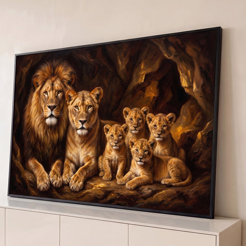 Leão, leoa e quatro filhotes em caverna, pintura a óleo em tons marrons e dourados, quadro decorativo