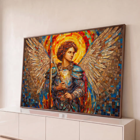 Arcanjo em mosaico com asas abertas, lança e halo dourado em tons terrosos, quadro decorativo
