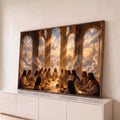 Quadro Decorativo Grande Última Ceia Bege para Sala Dourado | quadros decorativos para sala | última ceia em salão dourado celestial com nuvens e raios de luz ao fundo | Porao dos Quadros