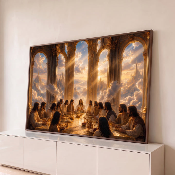Quadro Decorativo Grande Última Ceia Bege para Sala Dourado | quadros decorativos para sala | última ceia em salão dourado celestial com nuvens e raios de luz ao fundo | Porao dos Quadros