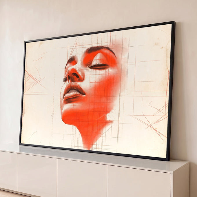 Rosto de mulher de olhos fechados em esboço com mancha vermelha e linhas de grade, quadro decorativo