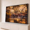 Garças brancas pousadas em galho seco sobre rio com reflexo dourado e mata ao entardecer, quadro decorativo