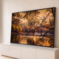 Quadro Decorativo Grande Garças no Galho para Sala Laranja - Borda Infinita / 65x100cm