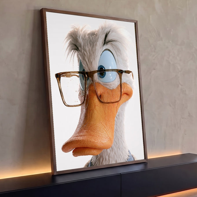 Pato branco em 3D com óculos grandes, olhos azuis e bico laranja sobre fundo branco, quadro decorativo