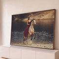 Quadro Decorativo Grande Mulher de Vestido para Sala | quadros decorativos para sala | mulher de vestido vermelho sobre cavalo bege empinando na água ao entardecer | Porao dos Quadros