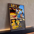 Banca de limões, laranjas e alho pendurado diante do mar azul da Costa Amalfitana, quadro decorativo