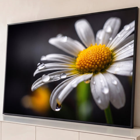 Margarida branca em macro com miolo amarelo e gotas de orvalho sobre fundo escuro, quadro decorativo