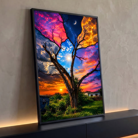 Quadro Decorativo Grande Árvore Seca com Céu para Sala Azul | quadros decorativos para sala | árvore seca sob céu dividido em quatro atmosferas diferentes, sol, lua e estrelas | Porao dos Quadros