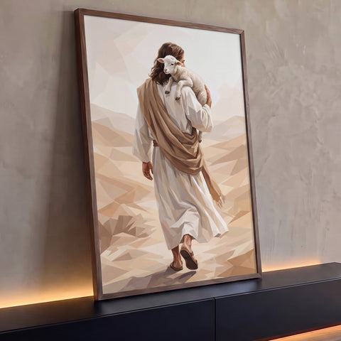 Jesus de costas carregando cordeiro nos ombros em deserto geométrico bege, quadro decorativo