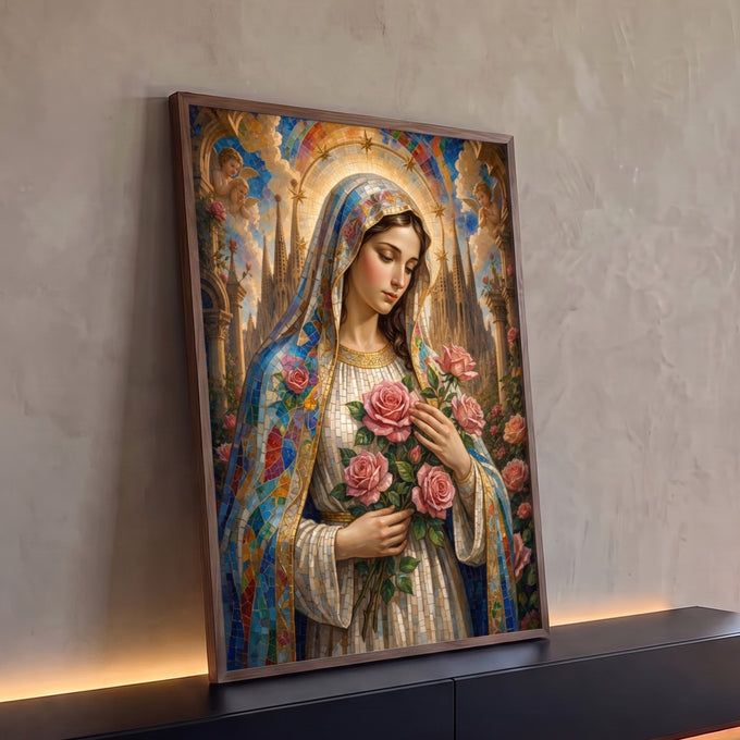 Quadro Decorativo Grande Nossa Senhora das Rosas para Sala | quadros decorativos para sala | Nossa Senhora em mosaico azul e dourado segurando rosas, com anjinhos ao fundo | Porao dos Quadros
