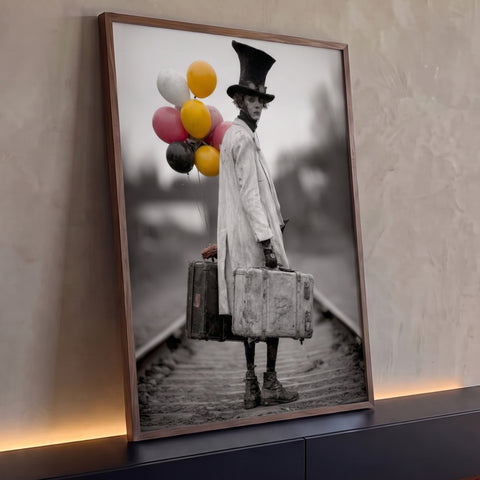 Mímico de cartola com malas antigas e balões coloridos sobre trilhos, foto preto e branco, quadro decorativo