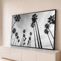 Fotografia preto e branco de palmeiras altas vistas de baixo contra céu nublado, quadro decorativo