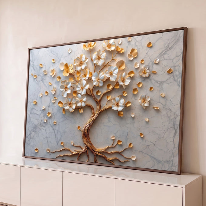 Árvore da vida dourada com flores brancas em relevo e pétalas sobre fundo de mármore, quadro decorativo