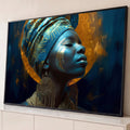 Quadro Decorativo Grande Mulher com Turbante para Sala Azul | quadros decorativos para sala | mulher de olhos fechados com turbante azul e rosto pintado de dourado diante de lua dourada | Porao dos Quadros