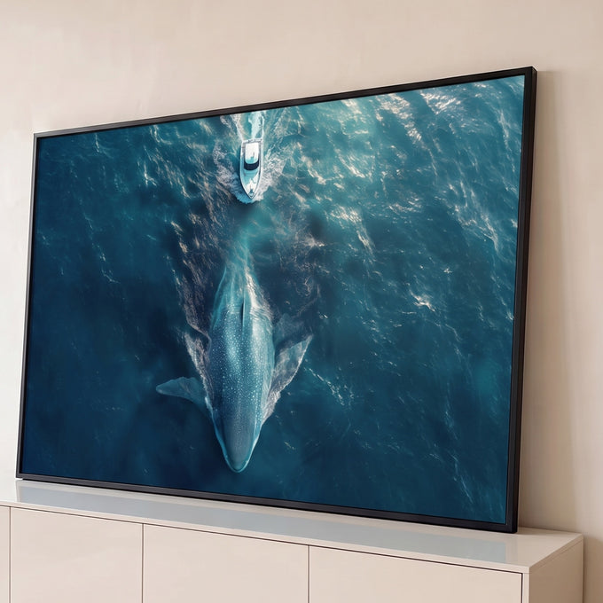 Quadro Decorativo Grande Tubarão Baleia Azul para Sala | quadros decorativos para sala | vista aérea de tubarão-baleia nadando perto de uma lancha no oceano azul | Porao dos Quadros