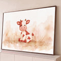 Quadro Decorativo Grande Bezerro de Bebê para Quarto de Bebê | quadros decorativos para sala | bezerro fofo branco e vermelho em aquarela sentado sobre fundo terroso | Porao dos Quadros