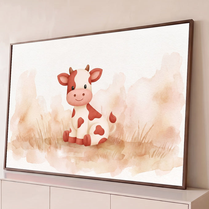 Quadro Decorativo Grande Bezerro de Bebê para Quarto de Bebê | quadros decorativos para sala | bezerro fofo branco e vermelho em aquarela sentado sobre fundo terroso | Porao dos Quadros