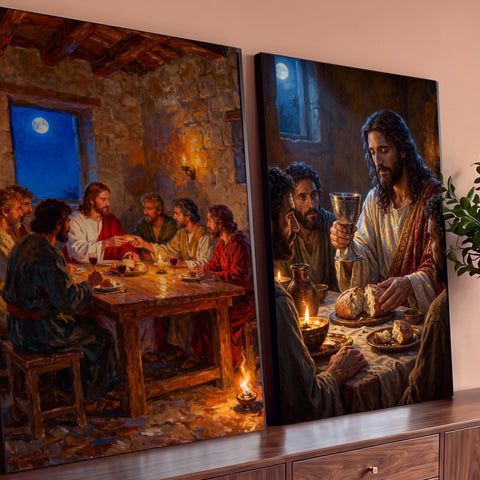 Quadro Decorativo Kit 2 Telas Última Ceia de Jesus para Sala | quadros decorativos para sala | duas cenas da Última Ceia com Jesus partindo o pão e erguendo o cálice | Porao dos Quadros