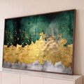 Quadro Decorativo Grande Abstrato e Dourado Verde para Sala | quadros decorativos para sala | camadas abstratas em verde escuro, dourado craquelado e cinza com respingos dourados | Porao dos Quadros