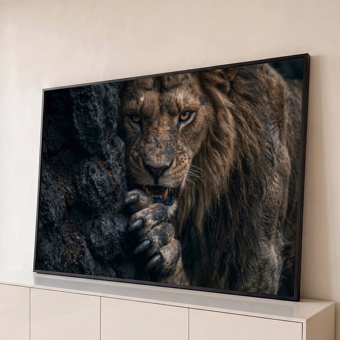 Leão de olhar intenso mostrando os dentes e apoiando a pata com garras em rocha escura, quadro decorativo