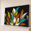 Quadro Decorativo Grande Buquê de Penas para Sala Preto | quadros decorativos para sala | penas estilizadas em dourado turquesa laranja e branco sobre fundo preto | Porao dos Quadros