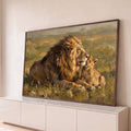 Quadro Decorativo Grande Leão e Filhote para Sala Dourado | quadros decorativos para sala | leão adulto deitado com filhote aconchegado, pintura a óleo em tons dourados e marrons | Porao dos Quadros