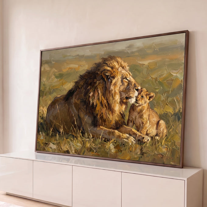 Quadro Decorativo Grande Leão e Filhote para Sala Dourado | quadros decorativos para sala | leão adulto deitado com filhote aconchegado, pintura a óleo em tons dourados e marrons | Porao dos Quadros