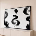 Quadro Decorativo Grande Pincelada Abstrata para Sala Preto | quadros decorativos para sala | pincelada preta em espiral sobre fundo branco texturizado estilo caligrafia oriental | Porao dos Quadros