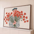 Quadro Decorativo Grande Pessoa de Boina para Sala Vermelho | quadros decorativos para sala | figura de boina segurando grande buquê de flores vermelhas sobre fundo bege | Porao dos Quadros